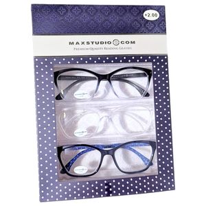 +2.00 Max Studio Readers Designer Reading Glasses Rounded Square Clear